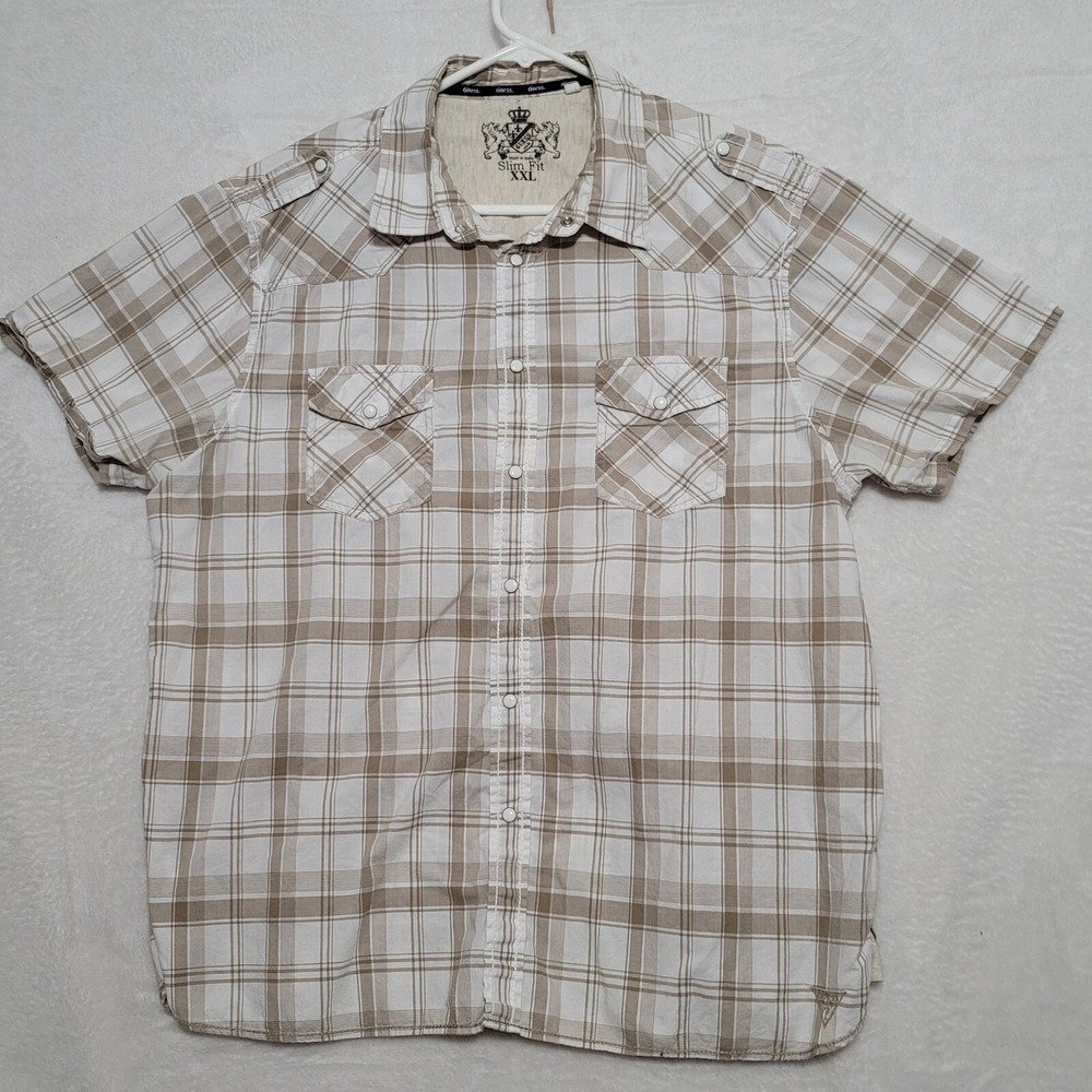 Guess Men's Shirt Size 2XL XXL Tan Plaid Pearl Snap Short Sleeve Casual